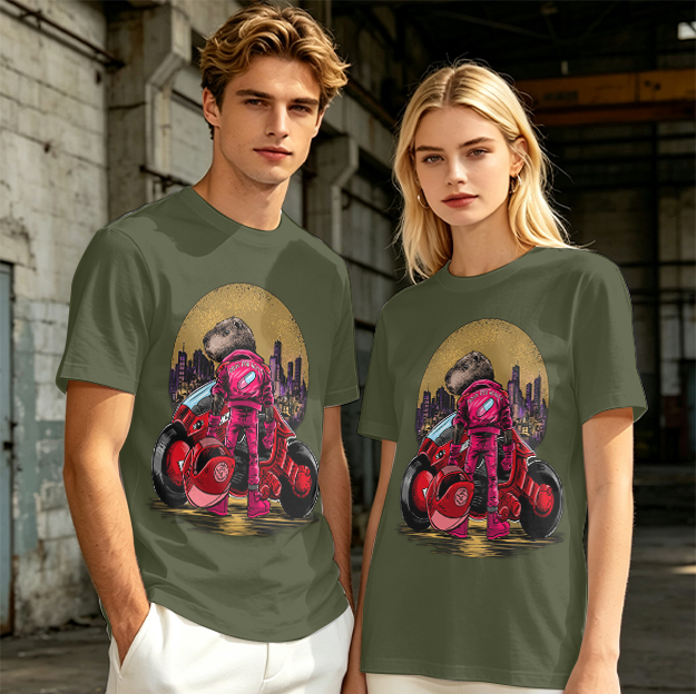 Olive T-Shirt With Capybara Biker And Futuristic City Print