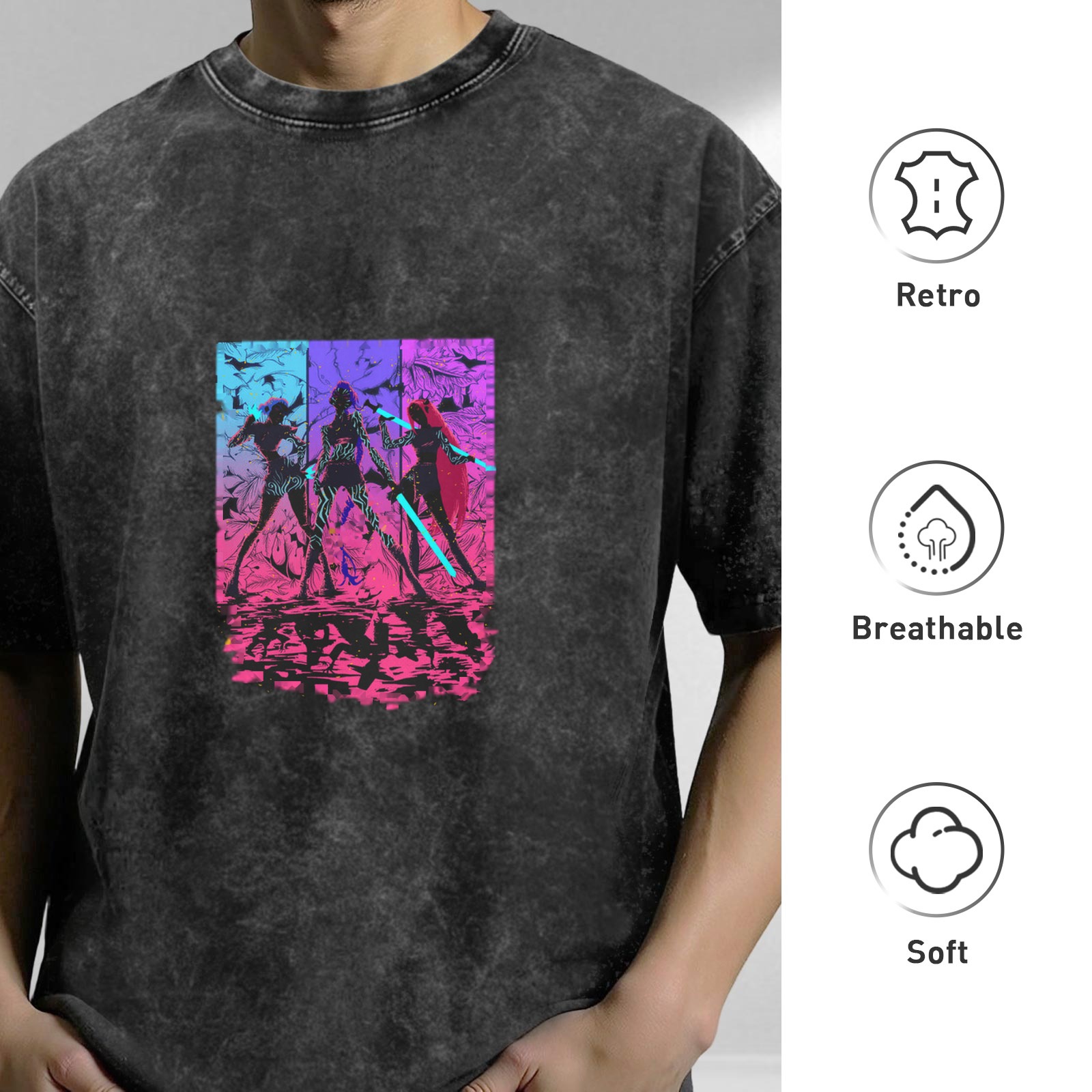 Distressed washed black cyber style anime character printed short-sleeved T-shirt