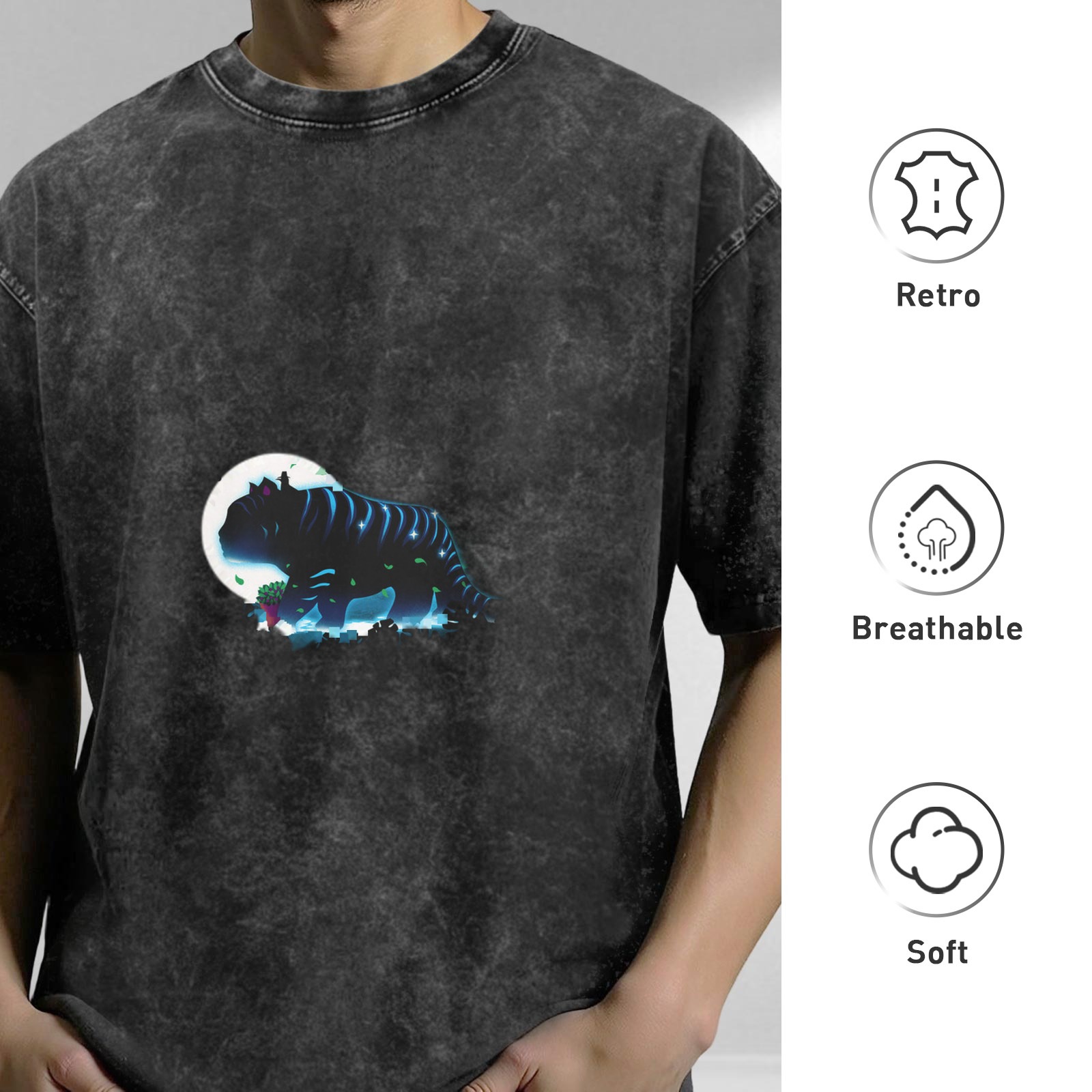 Oversized Dark Wash T-Shirt With Glowing Fantasy Creature Print