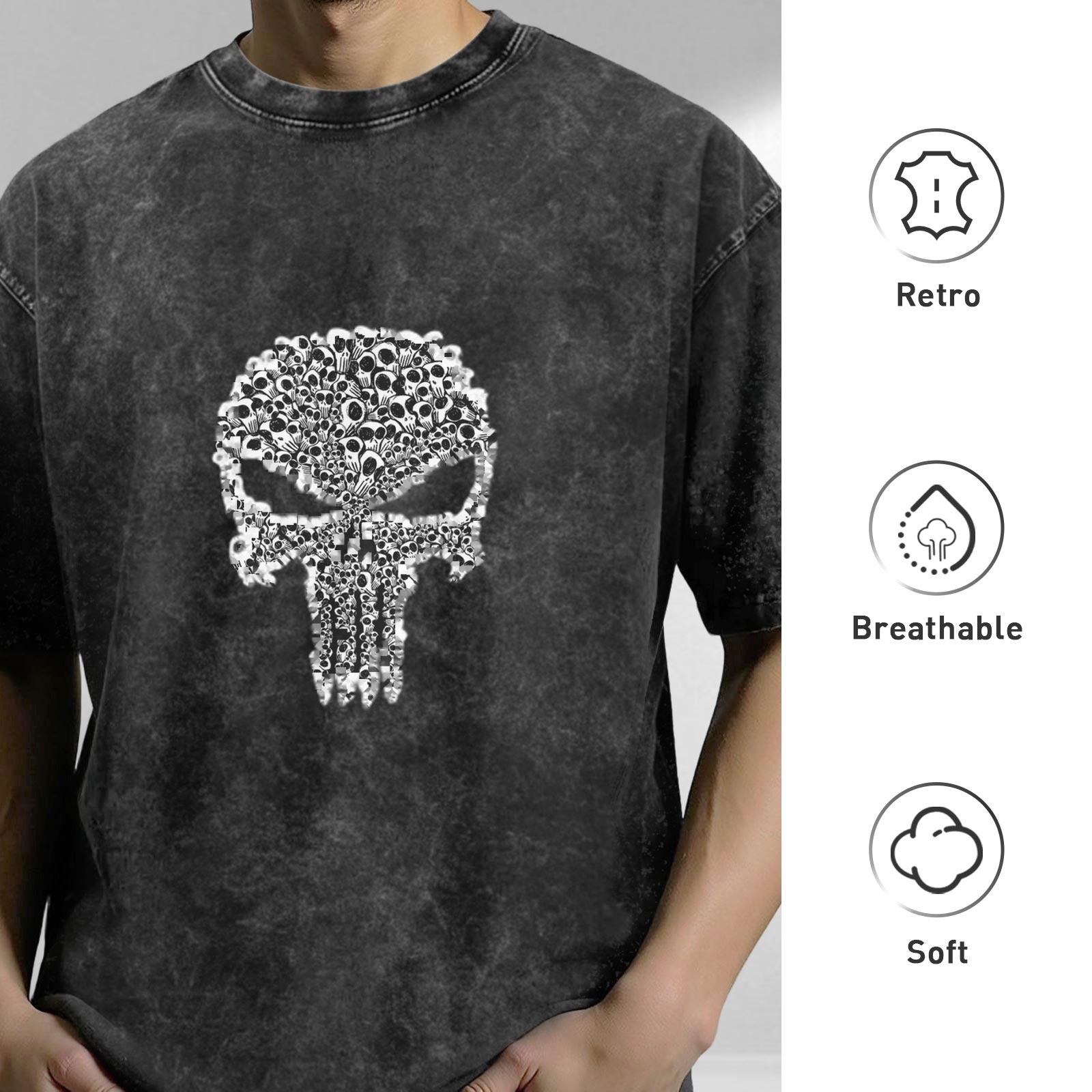 Washed Black Oversized T-Shirt With Punisher Skull Graphic