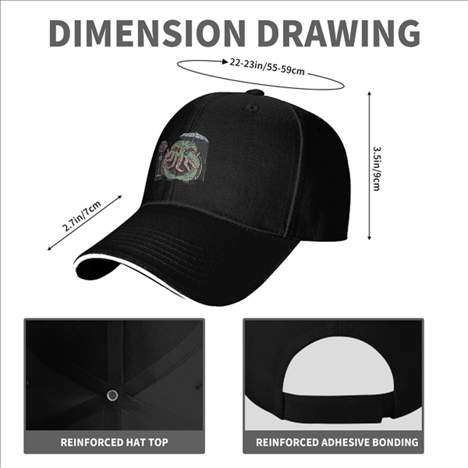 Black Baseball Cap With Cthulhu Holding Umbrella Microphone Print