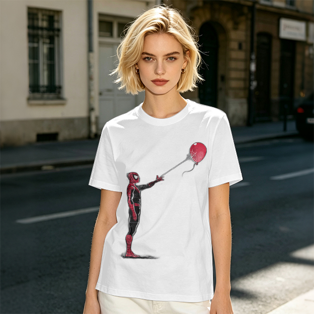 Olive T-shirt with Spider-Man Holding Red Balloon Graphic