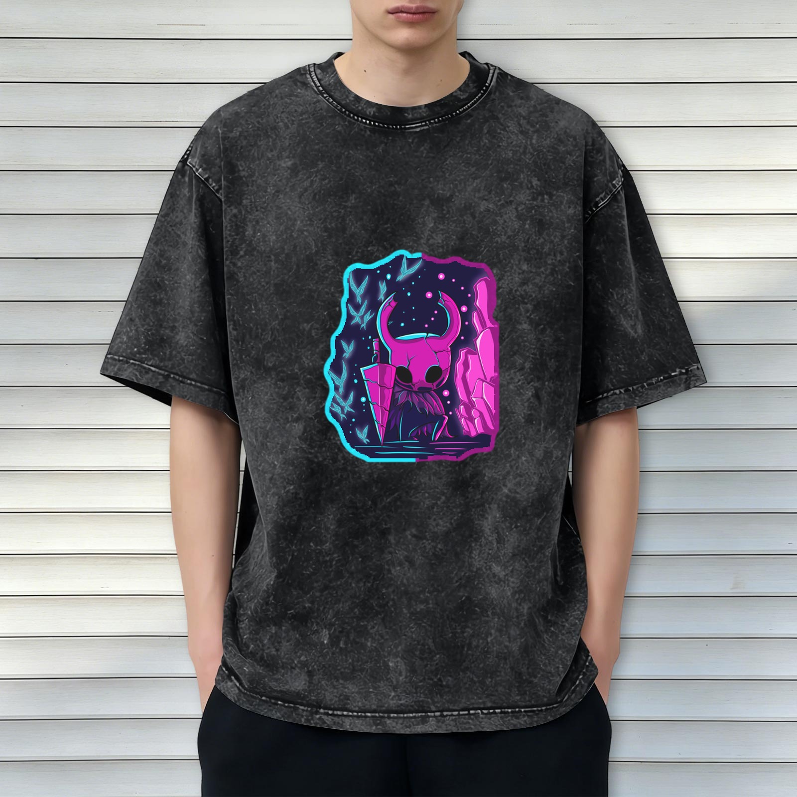 Hollow Knight neon style print distressed washed black loose short-sleeved T-shirt