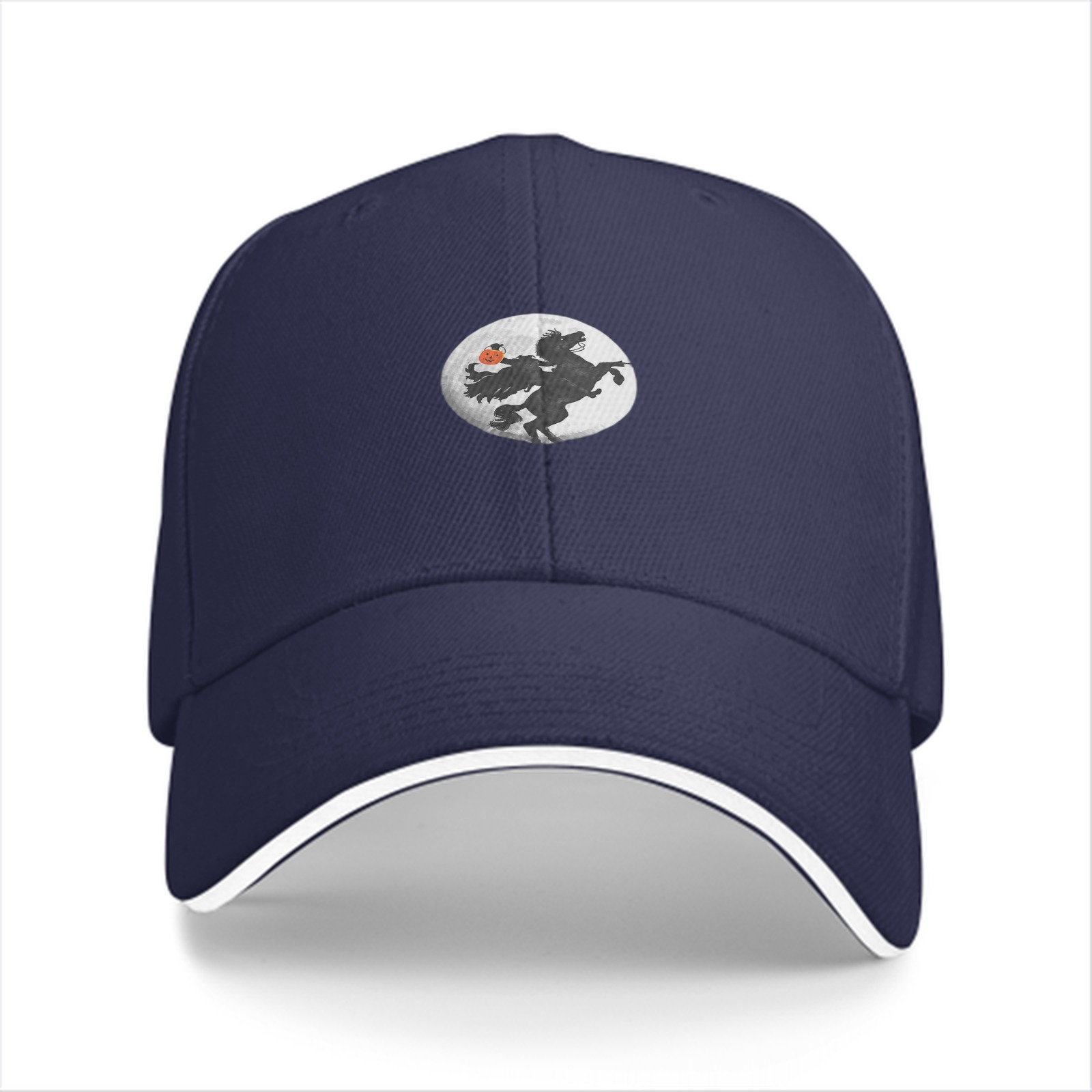 Black baseball cap with headless horseman silhouette graphic