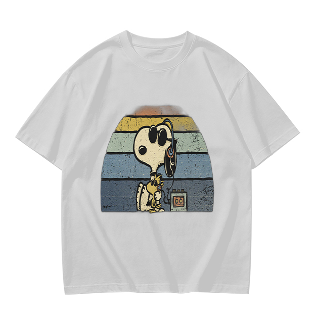 Olive T-shirt with Snoopy and Woodstock Retro Sunset Graphic
