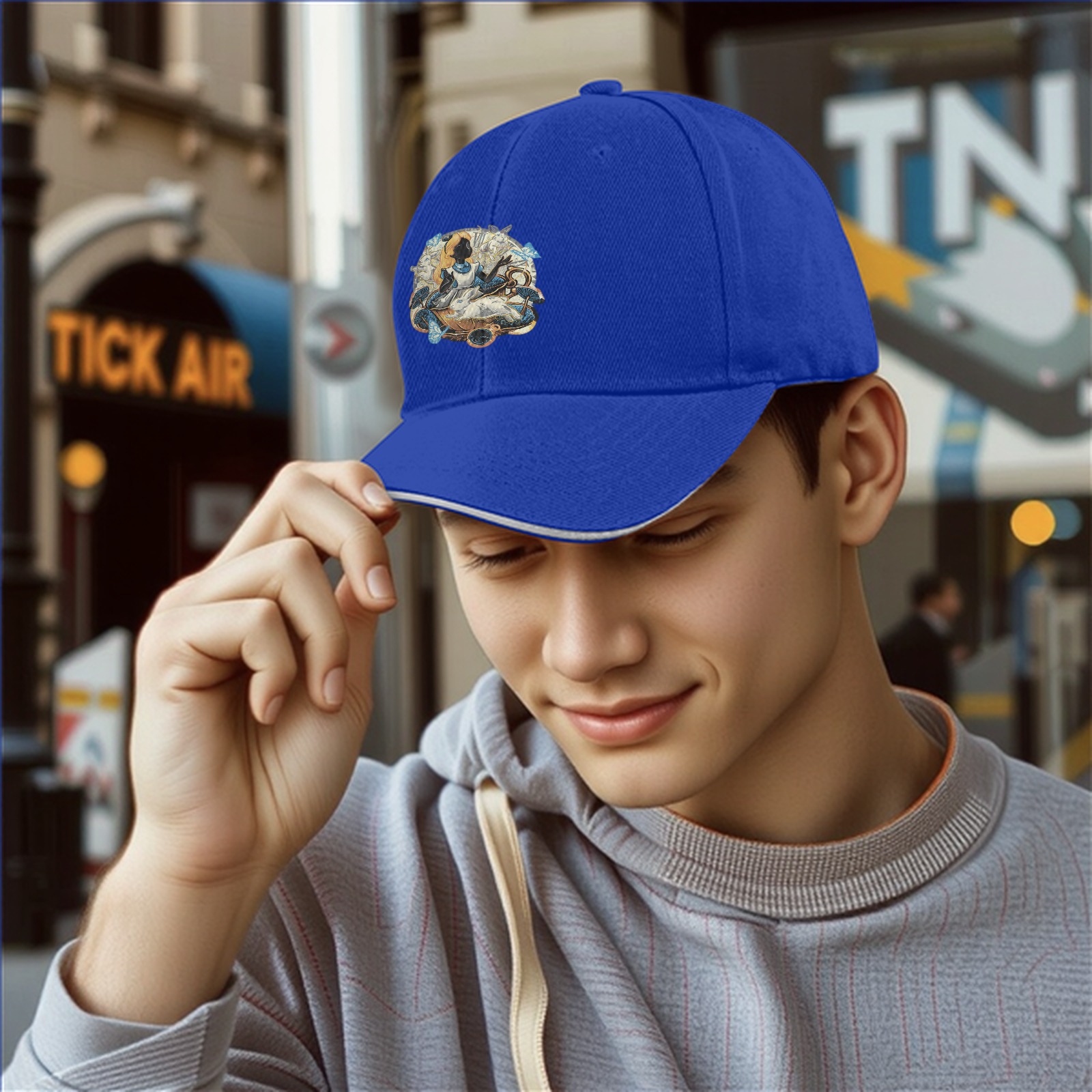 Black baseball cap with Alice in Wonderland themed graphic