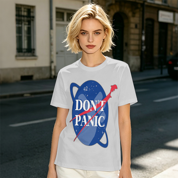 Olive green space-themed t-shirt with 'Don't Panic' print
