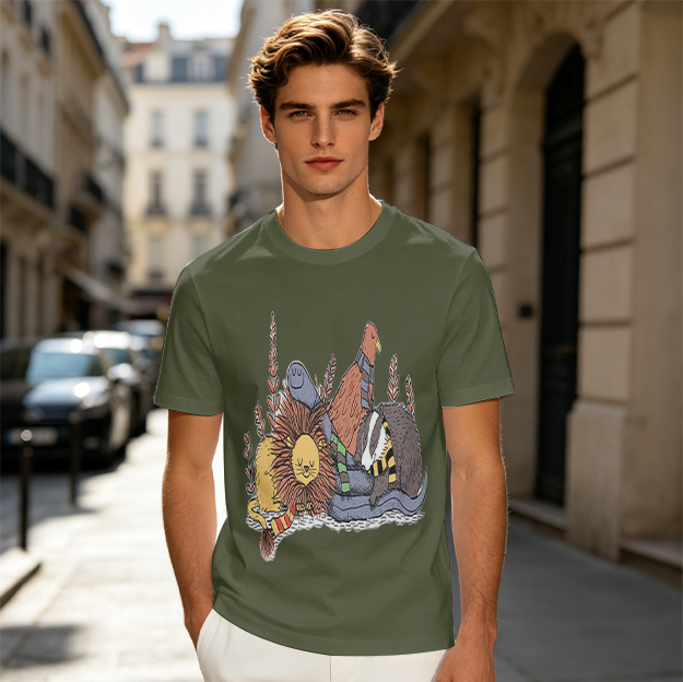 Olive Green T-Shirt With Whimsical Fantasy Creature Graphic Print