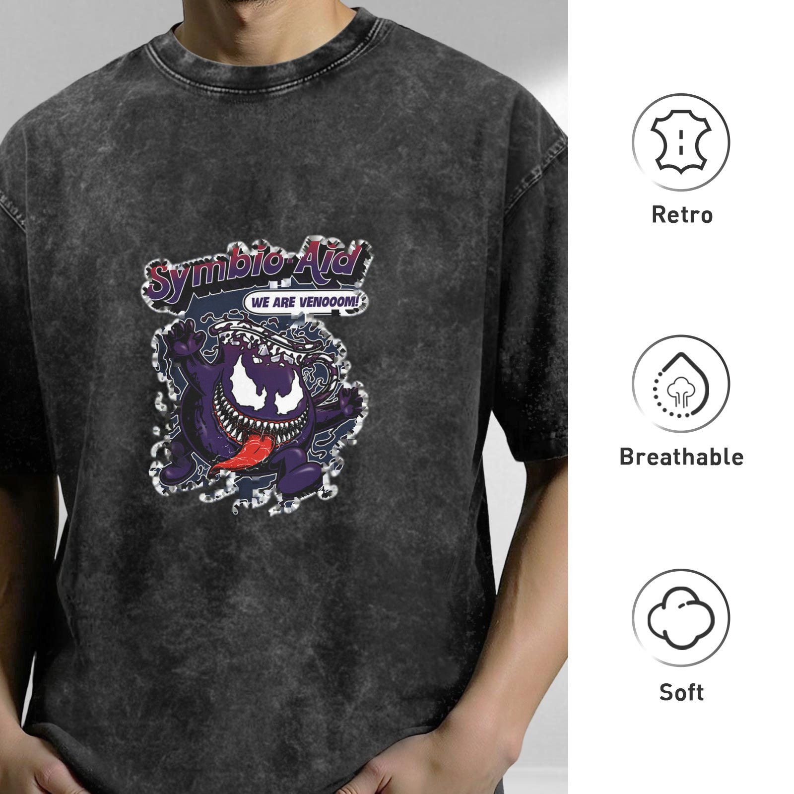 Washed Black Graphic T-Shirt with Symbiote 'Symbio-Aid' Design