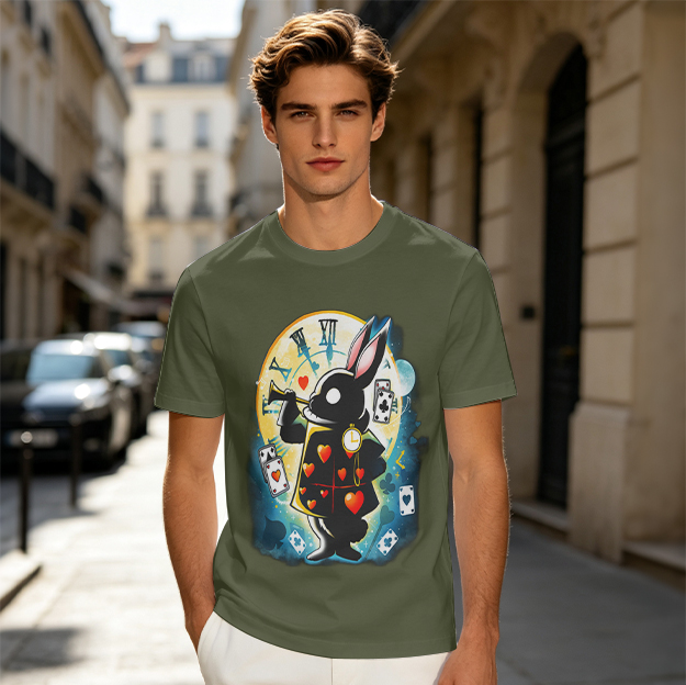 Olive T-Shirt With Alice In Wonderland White Rabbit Print