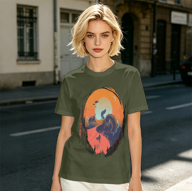 Olive T-Shirt with Sunset Mountain Wolf Silhouette Art Print