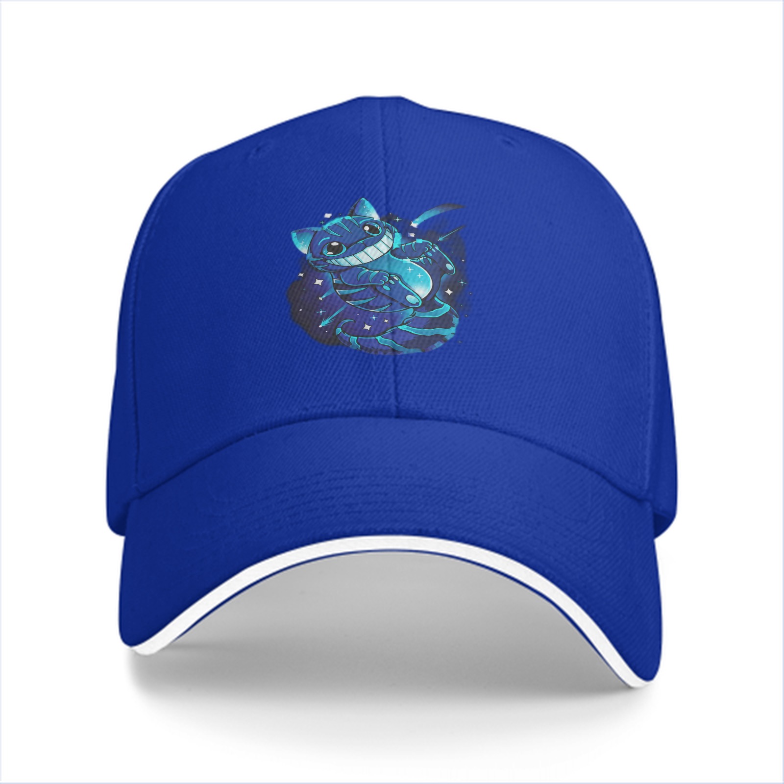 Black baseball cap with glowing Cheshire cat space graphic