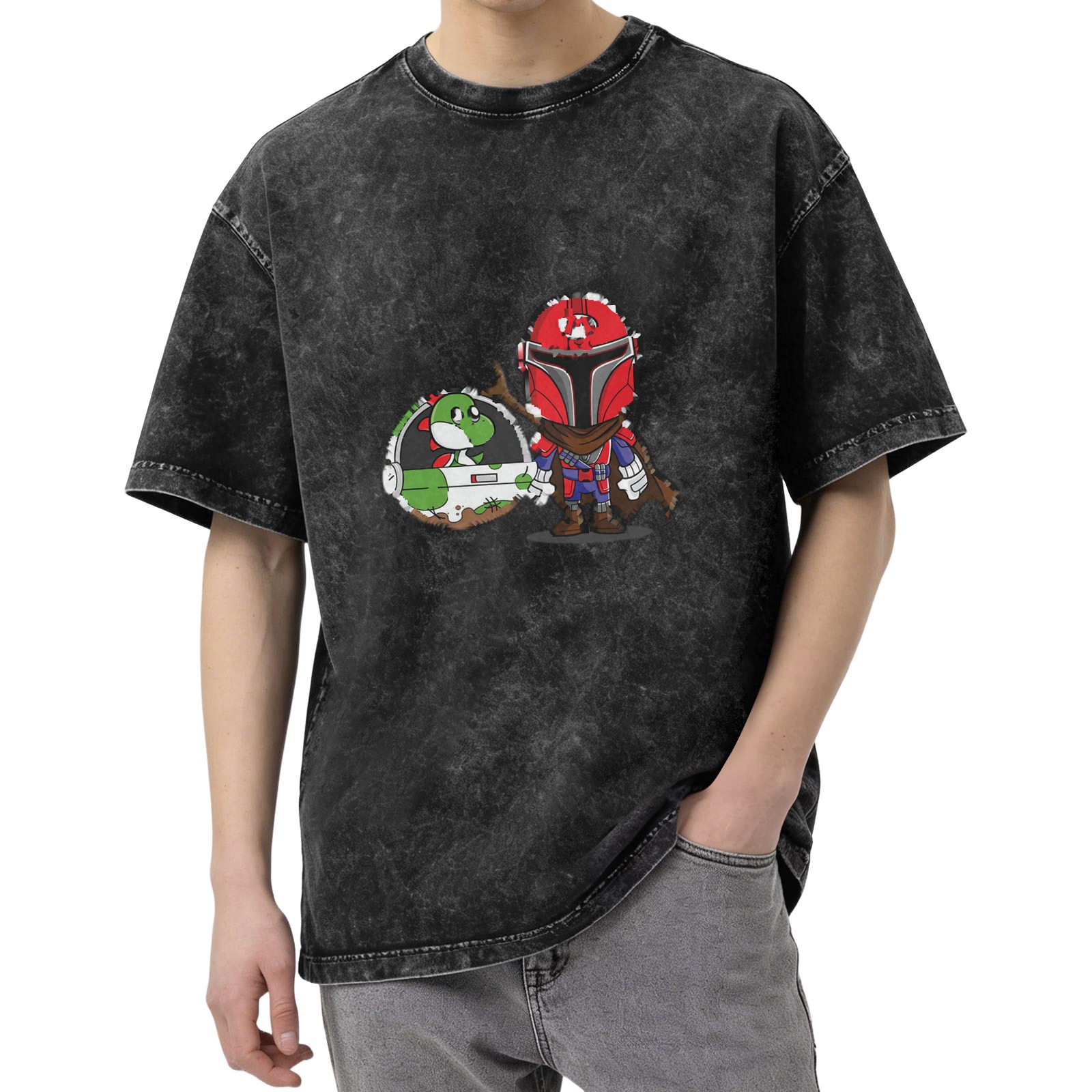 Retro washed black short-sleeved T-shirt, cartoon and anime co-branded print, loose casual top