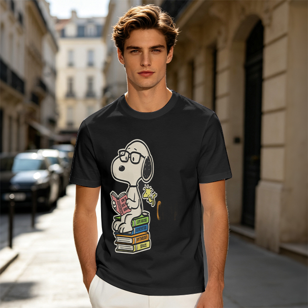 Olive T-shirt with Snoopy reading on stack of books
