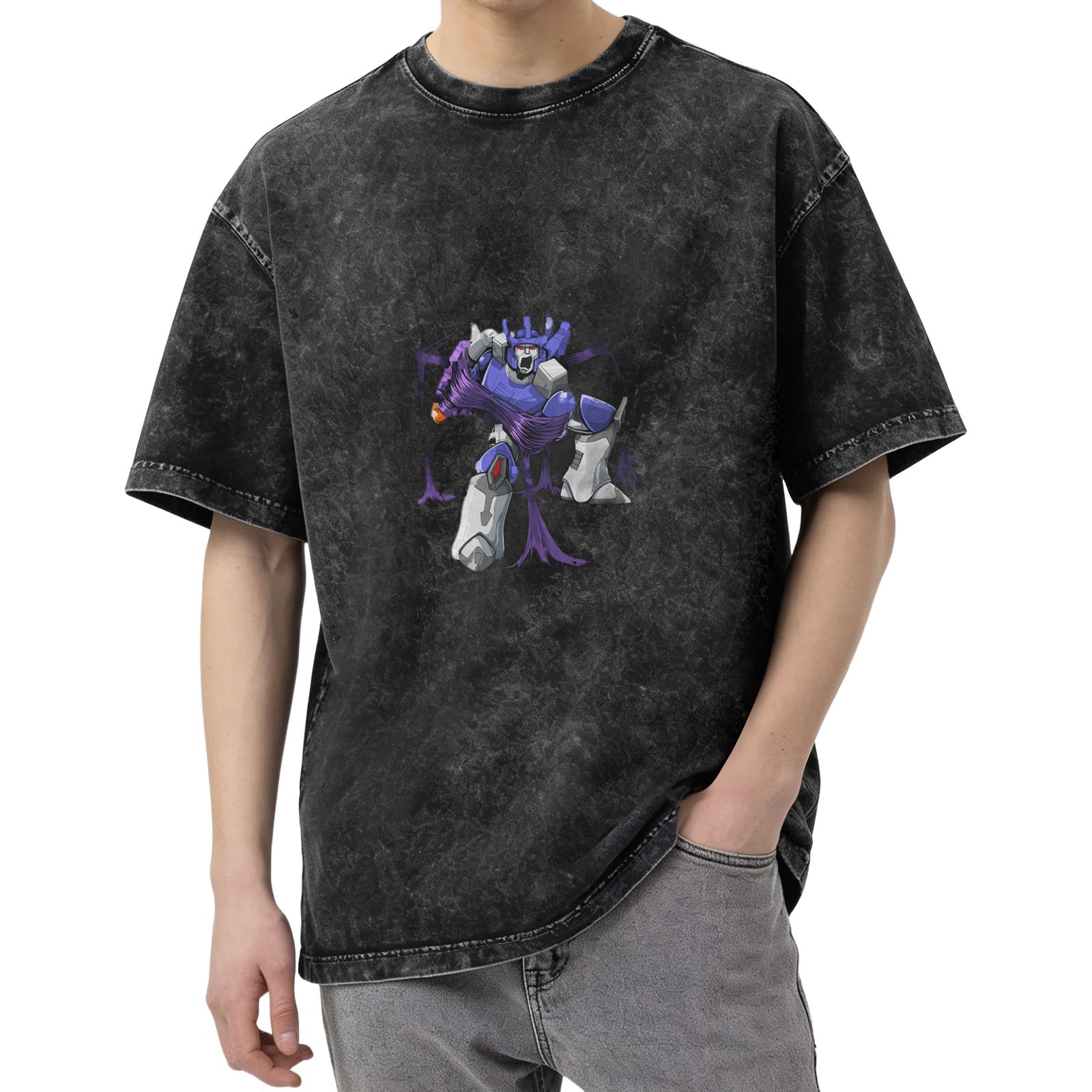 Oversized faded black t-shirt with Transformer robot graphic