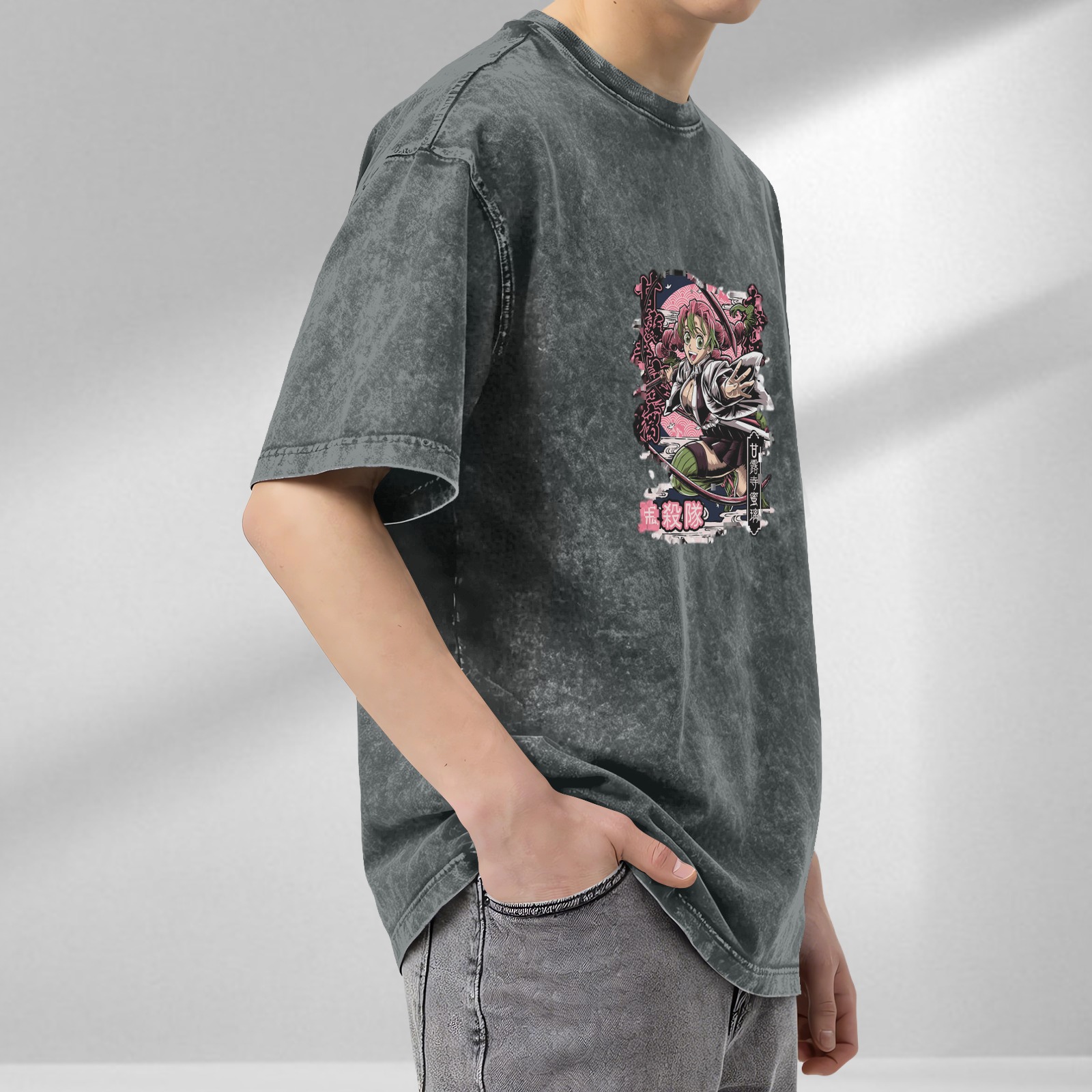 Oversized Washed Black Anime Demon Slayer Mitsuri Kanroji Graphic T-Shirt