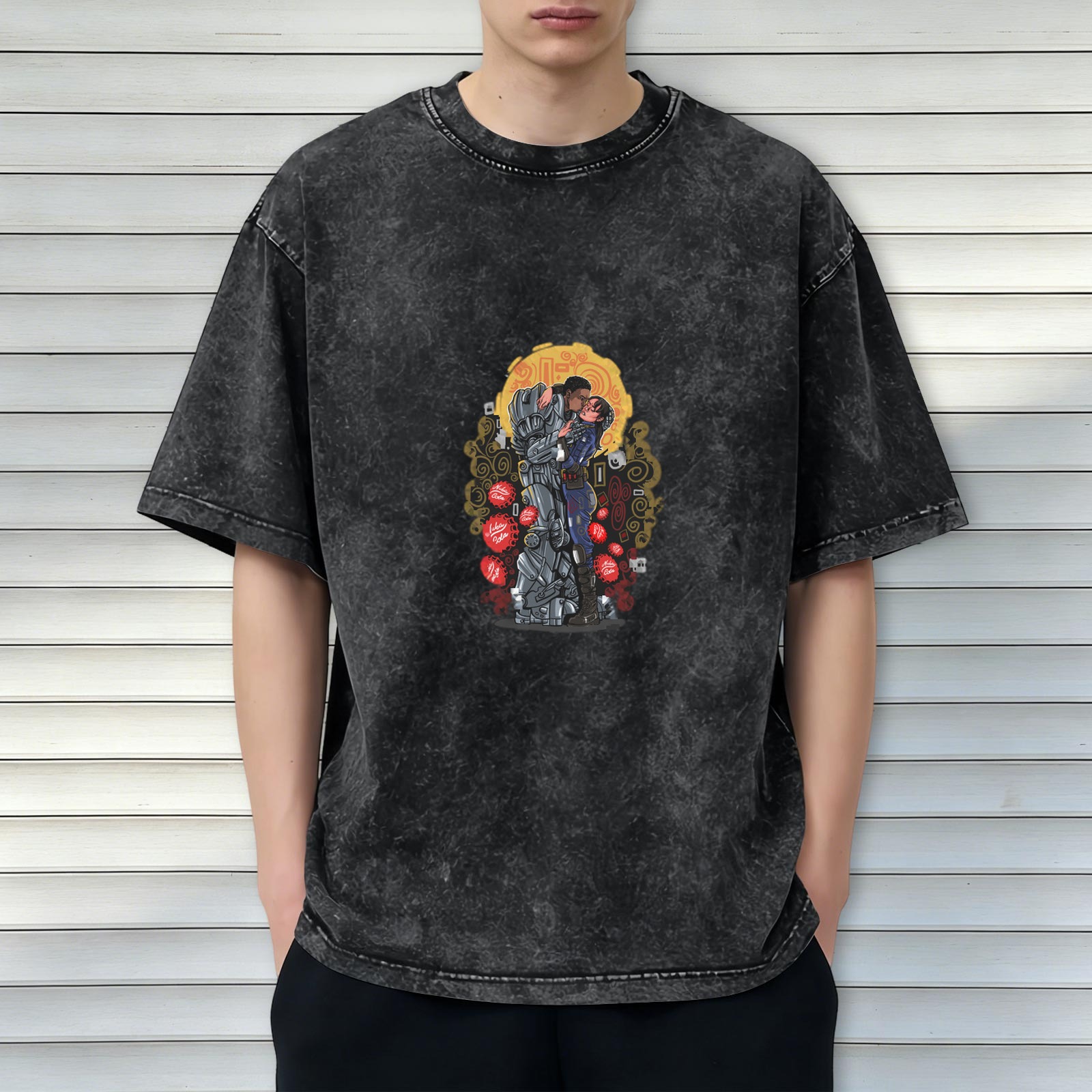 Washed Black Graphic T-Shirt with Sci-Fi Robot and Woman Kissing Design