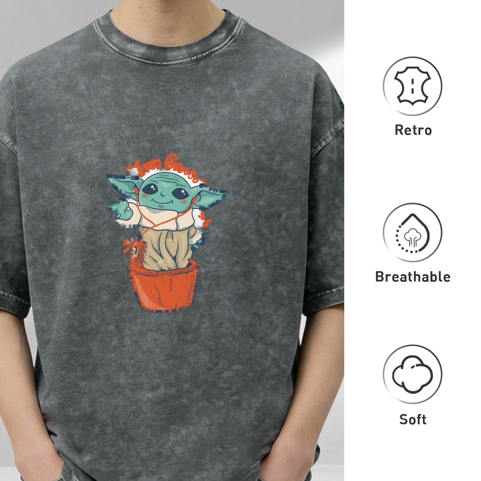 Baby Yoda Christmas Graphic Dark Wash T-Shirt