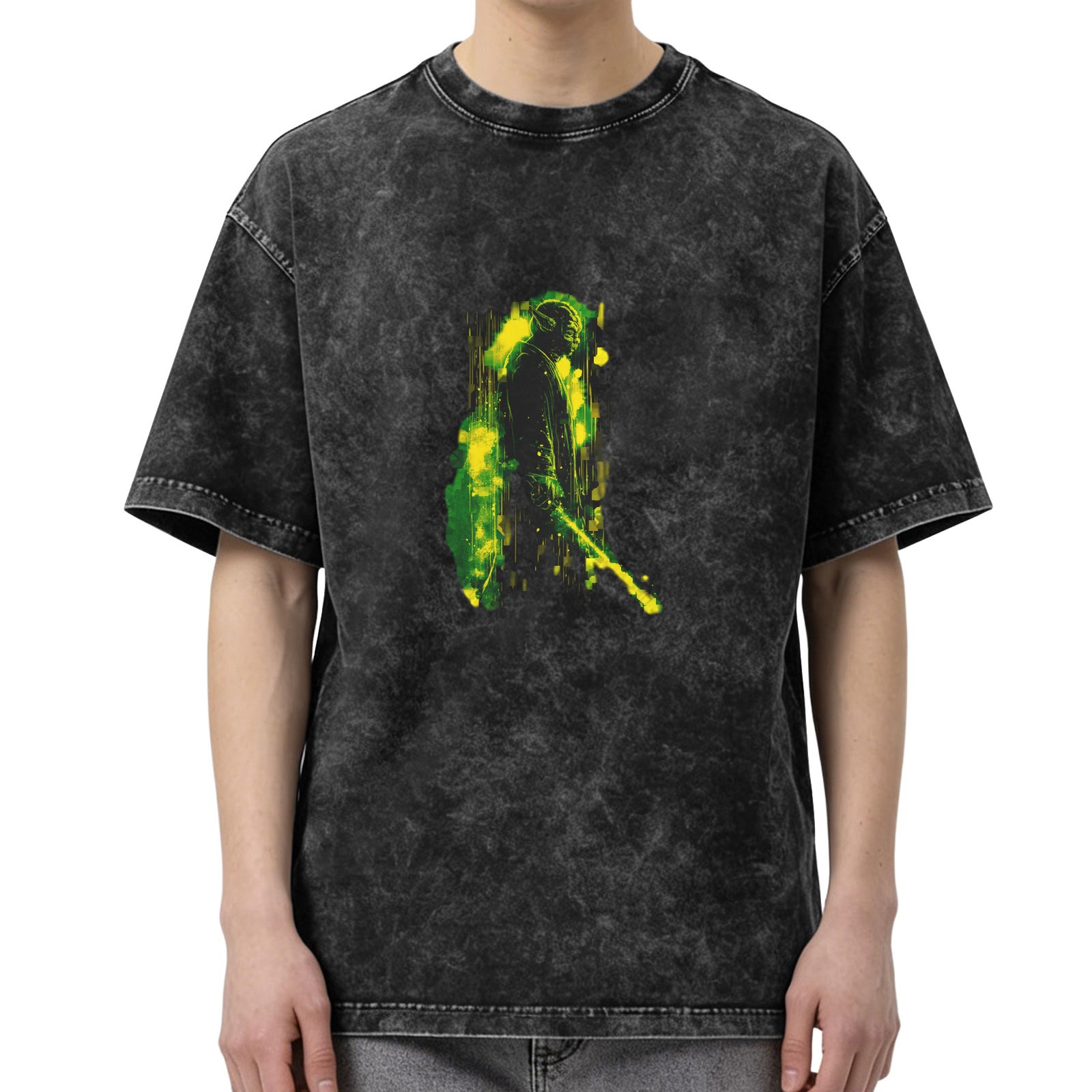 Oversized Acid Wash T-Shirt With Abstract Green Yellow Figure Print