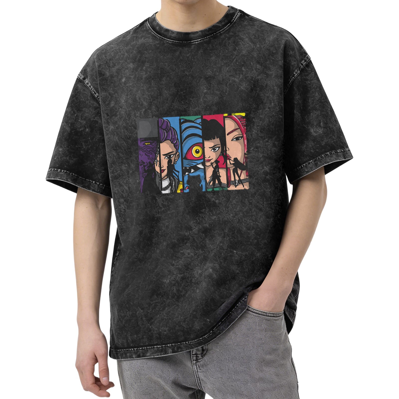 Oversized Acid Wash T-Shirt With Comic Style Character Art Print