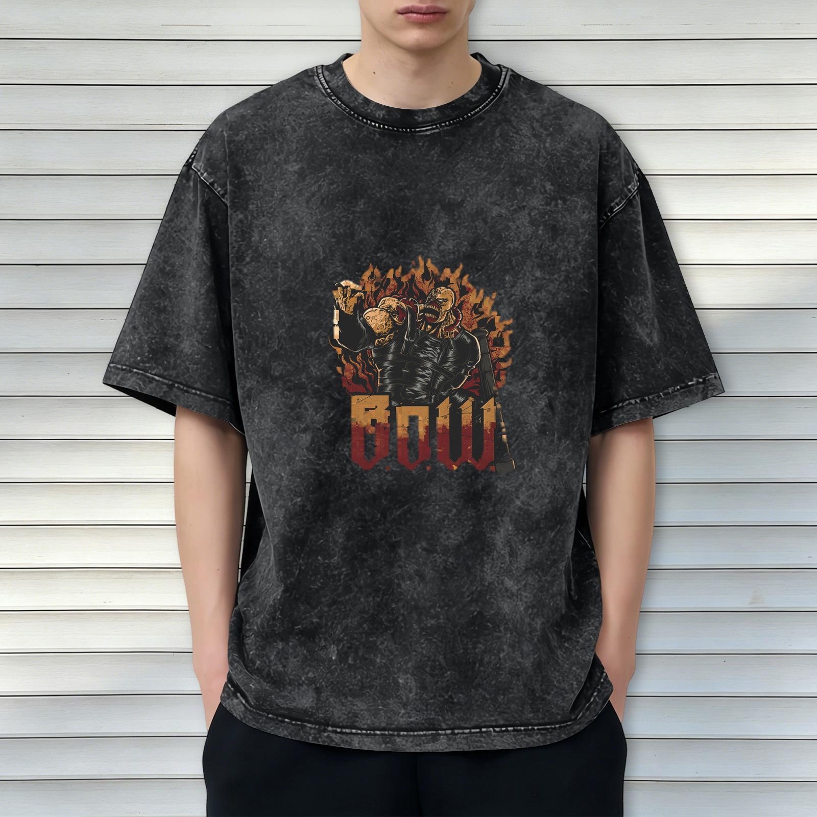 Oversized Dark Wash Graphic T-Shirt with Fiery Monster and BOW Print