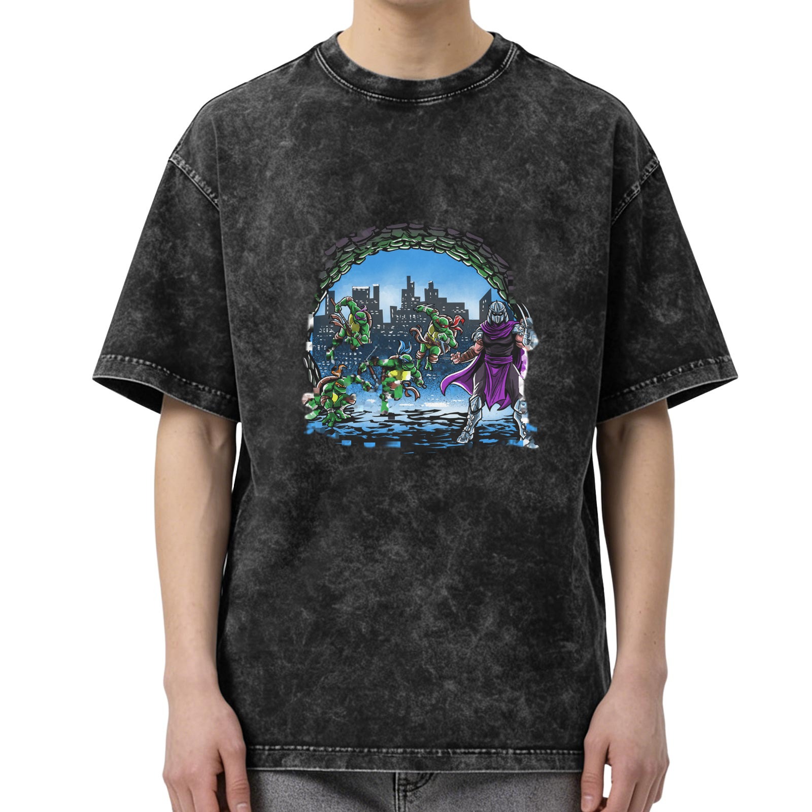 Washed Black T-Shirt with Teenage Mutant Ninja Turtles vs Shredder Graphic