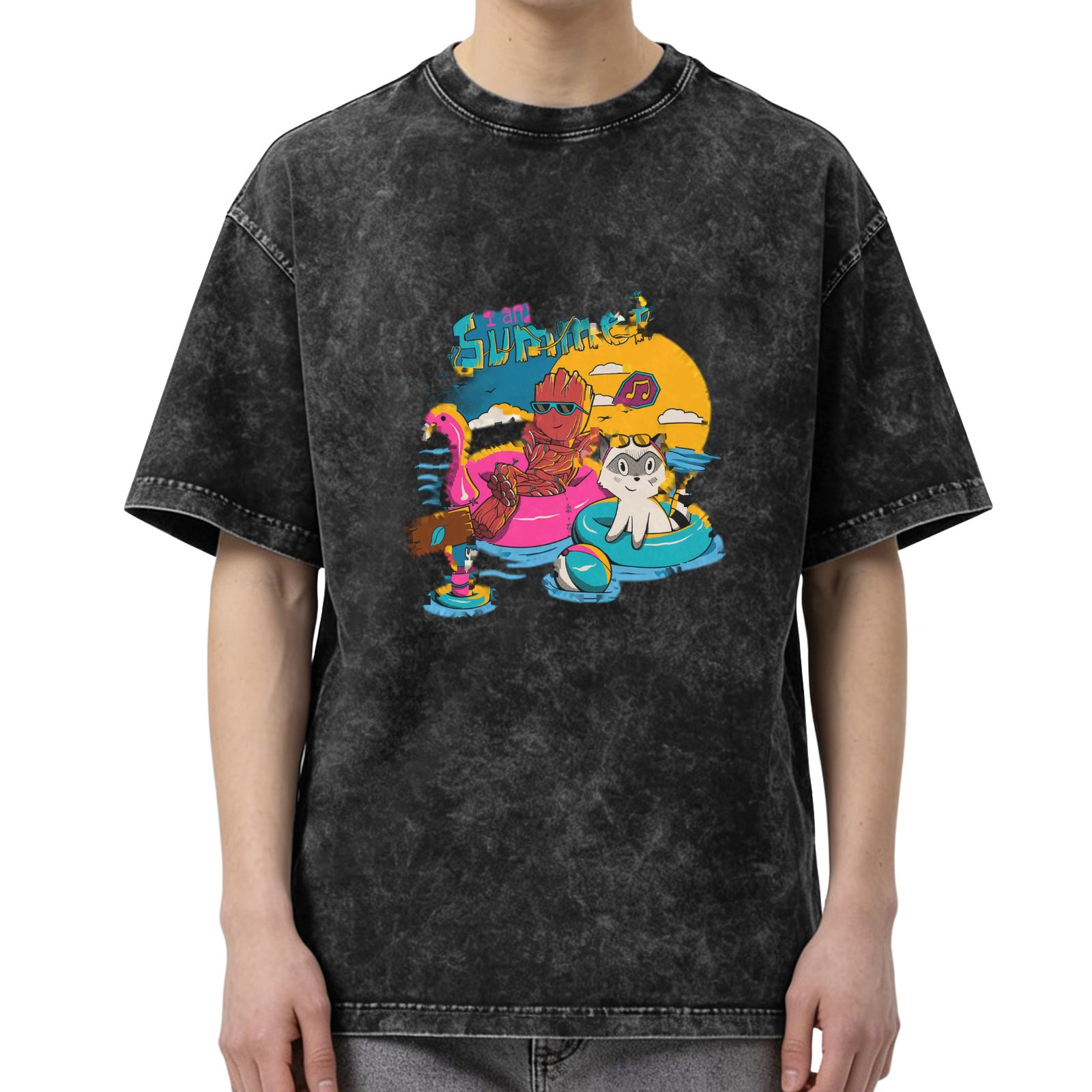 Washed Black Summer Pool Party Graphic T-Shirt with Cartoon Characters