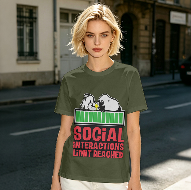 Olive t-shirt with Snoopy 'Social Interactions Limit Reached' print