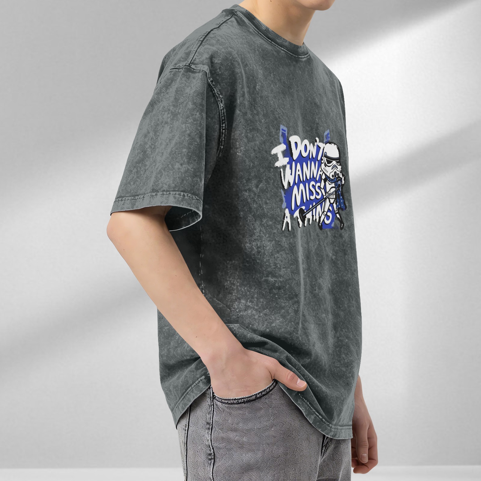 Washed Black T-Shirt With Stormtrooper Singer Graphic and I Don't Wanna Miss A Thing Text