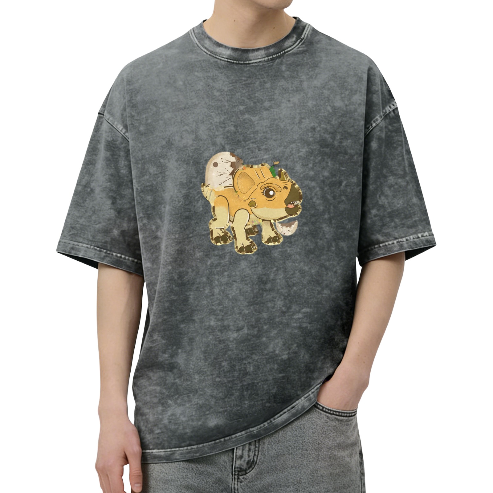 Washed Black T-Shirt With Cute Baby Triceratops Dinosaur Graphic