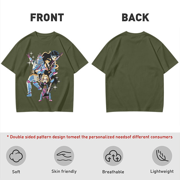 Olive T-shirt with Anime Rock Band Characters Graphic