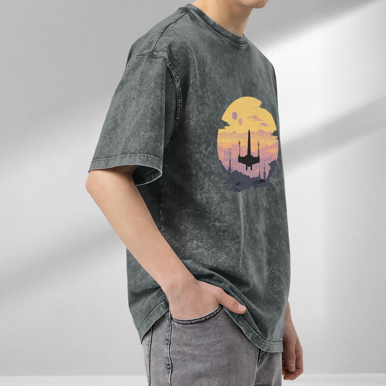 Star Wars X-Wing Sunset Graphic Acid Wash T-Shirt