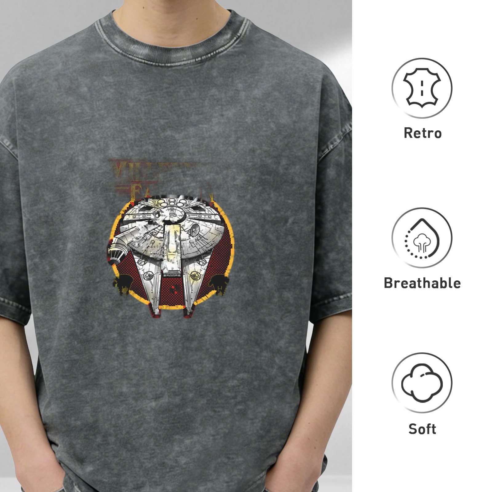 Washed Black T-Shirt With Millennium Falcon Graphic Print