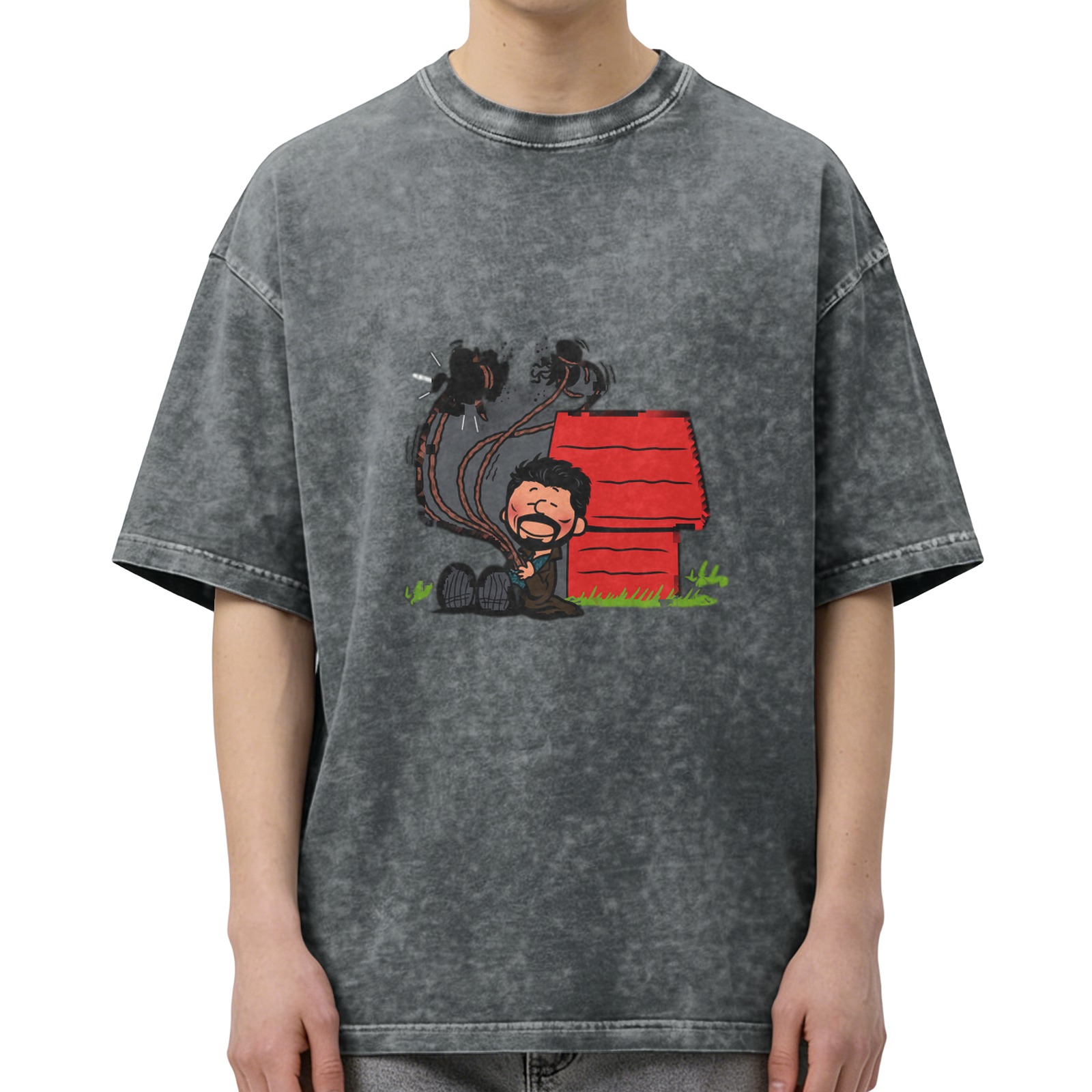 Washed Black T-Shirt With Parody Cartoon Doghouse Graphic