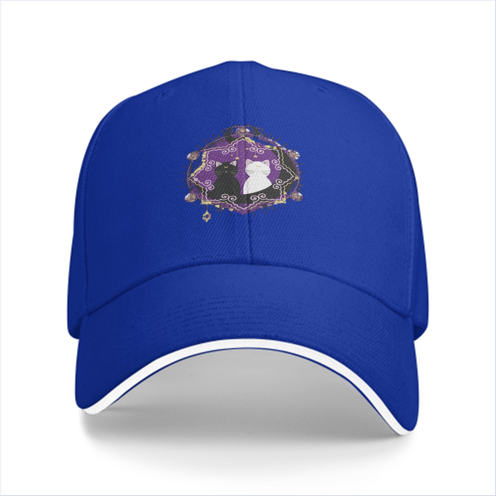 Black baseball cap with purple star cat graphic design