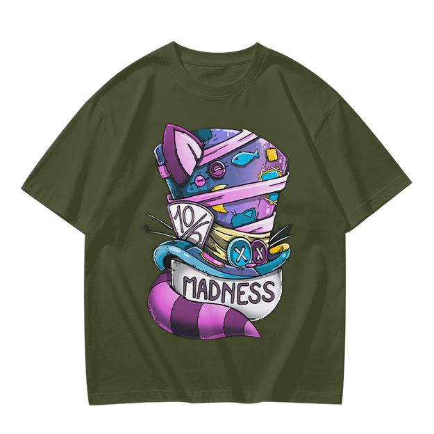 Olive T-Shirt With Mad Hatter Cheshire Cat Madness Graphic