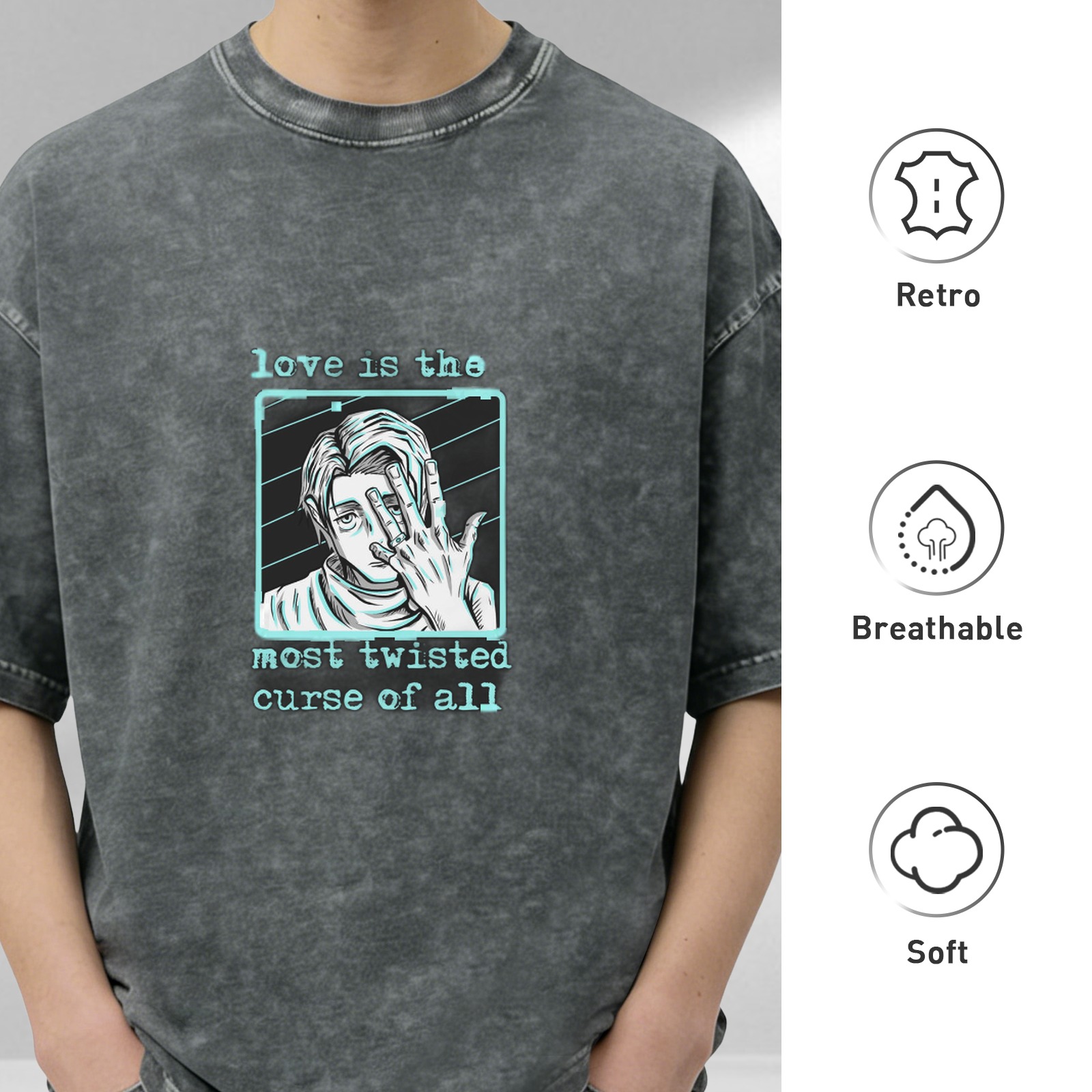 Anime graphic washed t-shirt with 'love is the most twisted curse of all' text