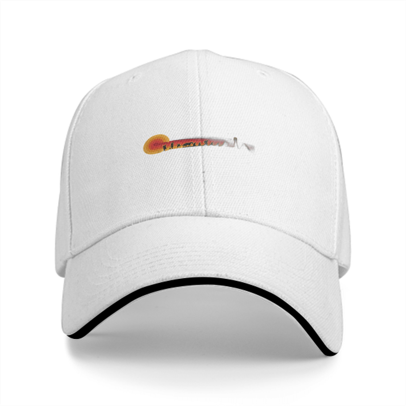 Black Baseball Cap with Sunset Landscape Graphic Design