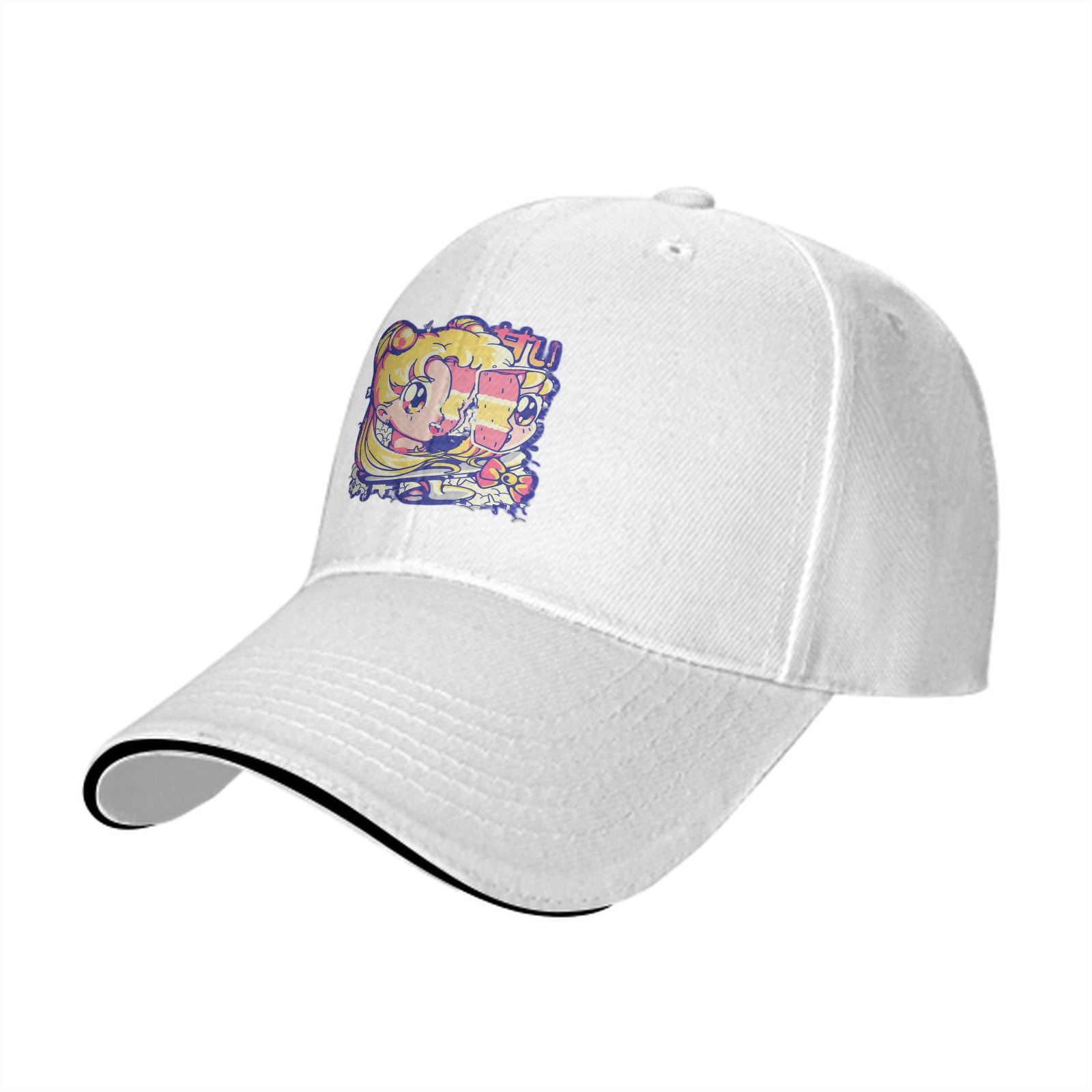 Black Baseball Cap With Retro Anime Girl Graphic Print