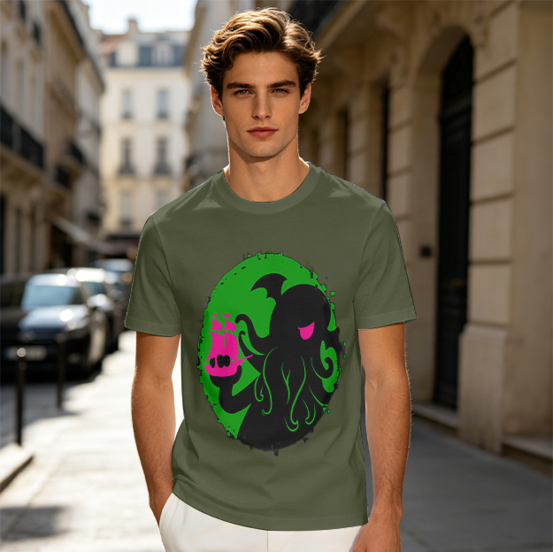 Olive T-Shirt With Cthulhu Holding Pink Ship Graphic Print