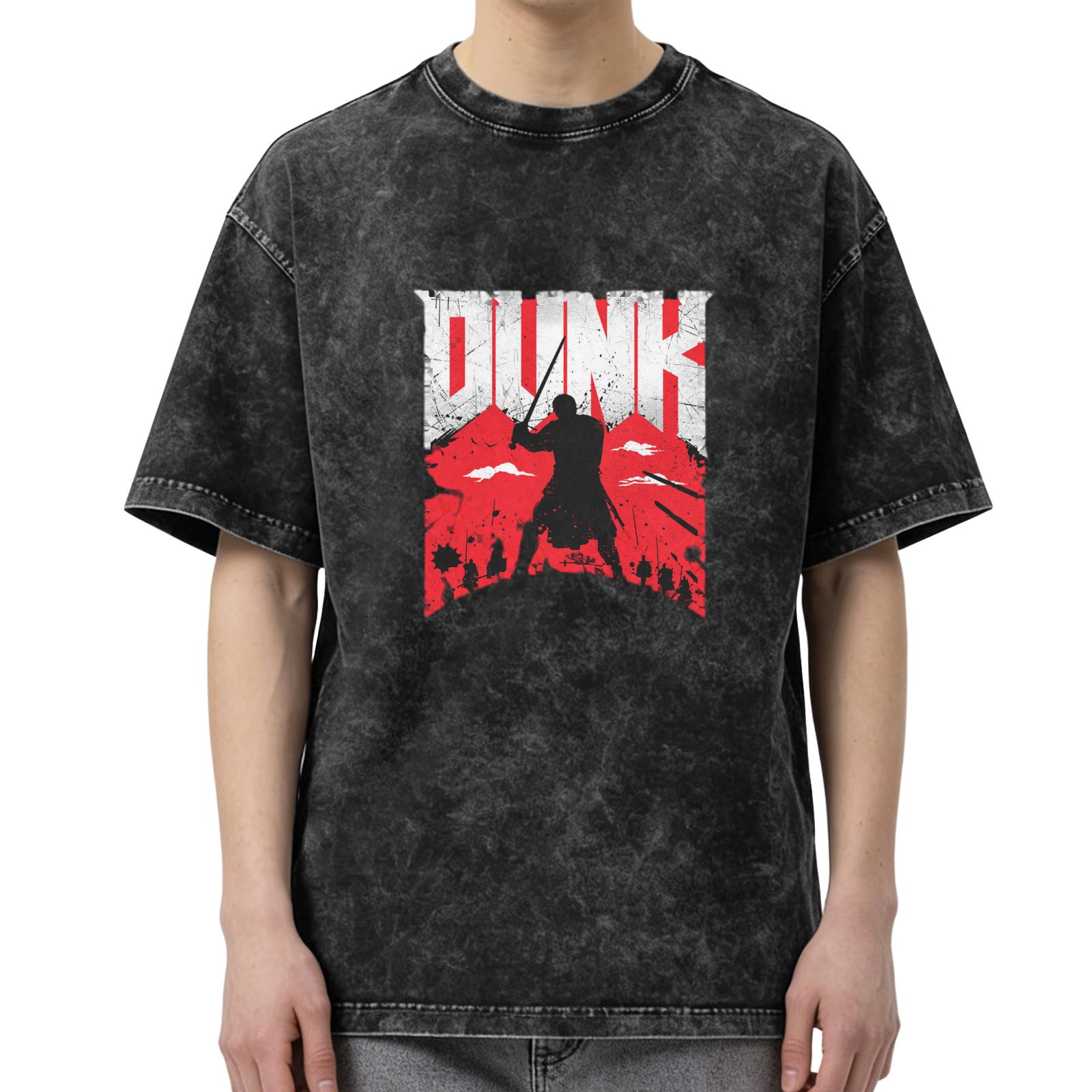 Oversized Dark Wash T-Shirt With Warrior Dunk Graphic Print
