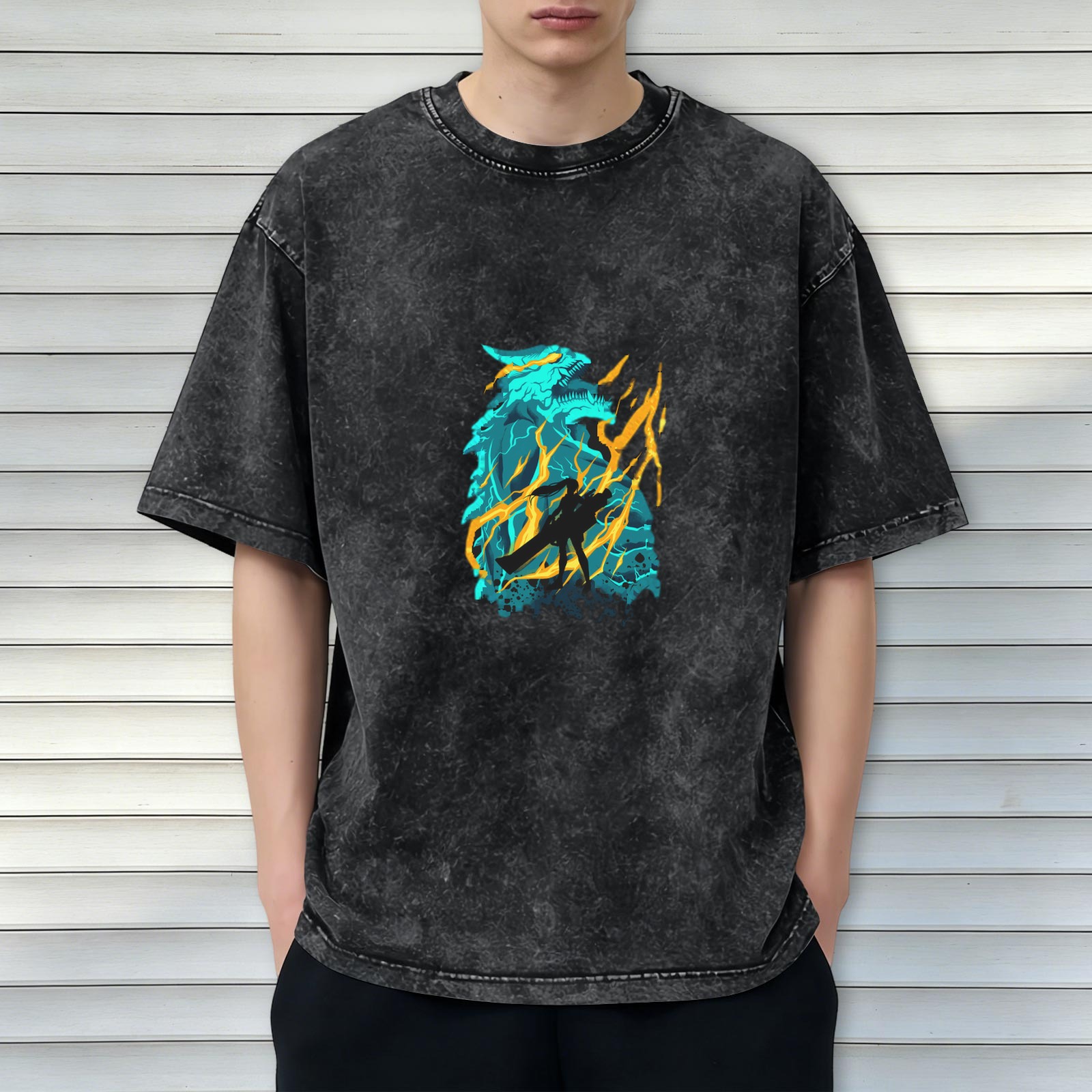 Oversized Acid Wash T-Shirt With Dragon Lightning Graphic Print