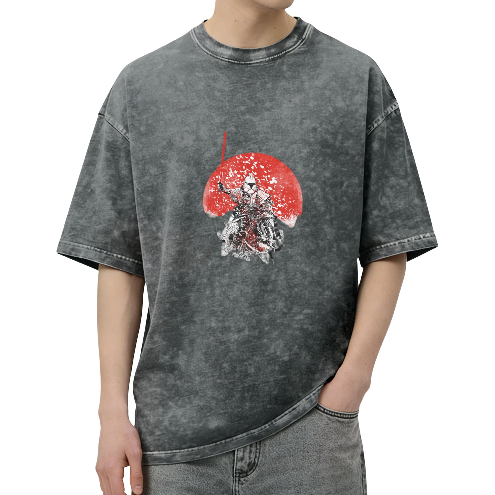 Washed black graphic t-shirt with samurai stormtrooper and red sun design
