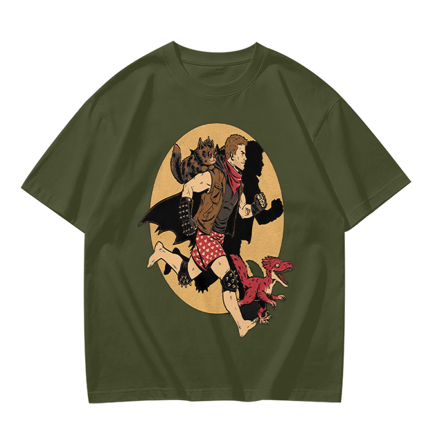 Olive T-Shirt With Fantasy Running Character And Creatures Print