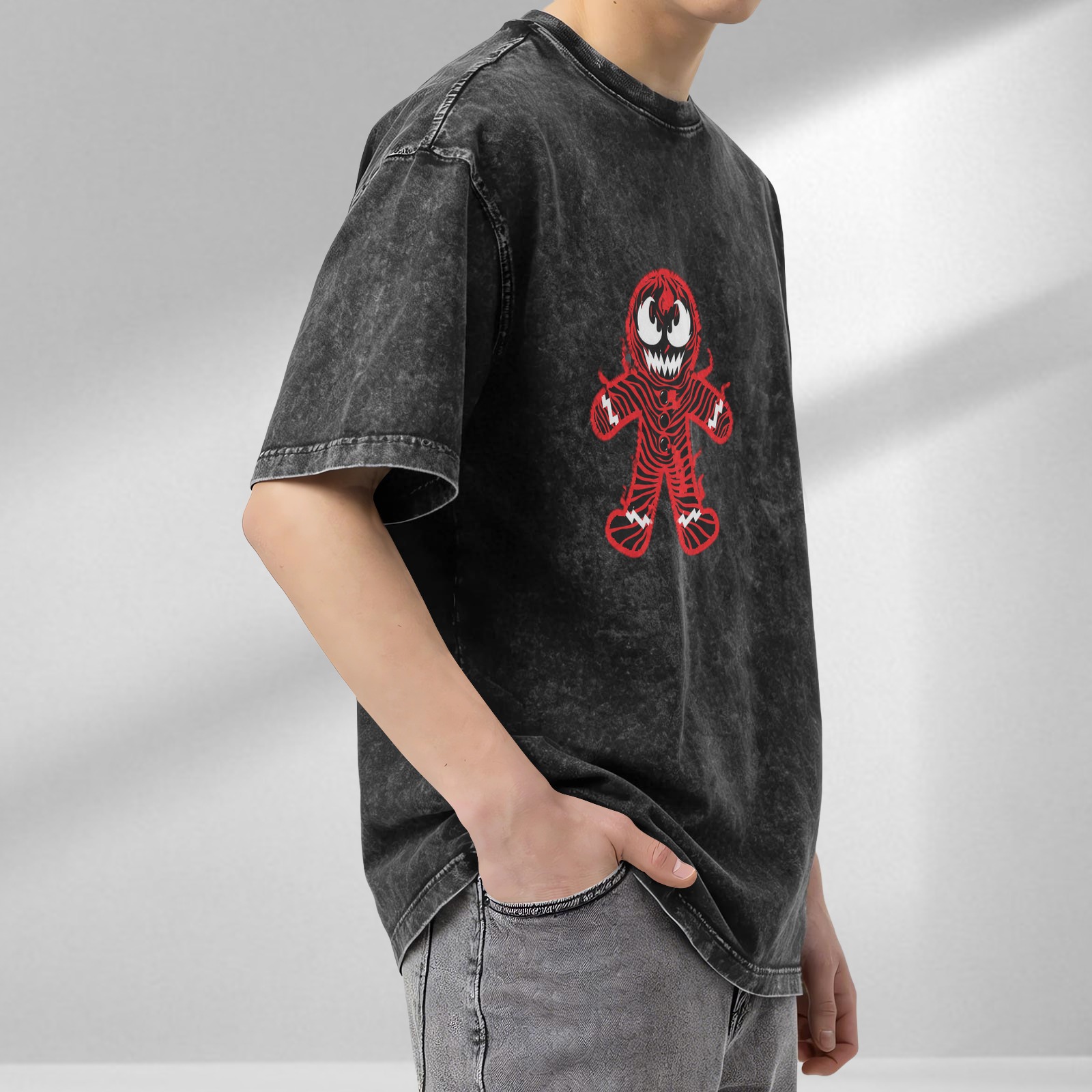 Oversized Acid Wash T-Shirt With Evil Gingerbread Man Print