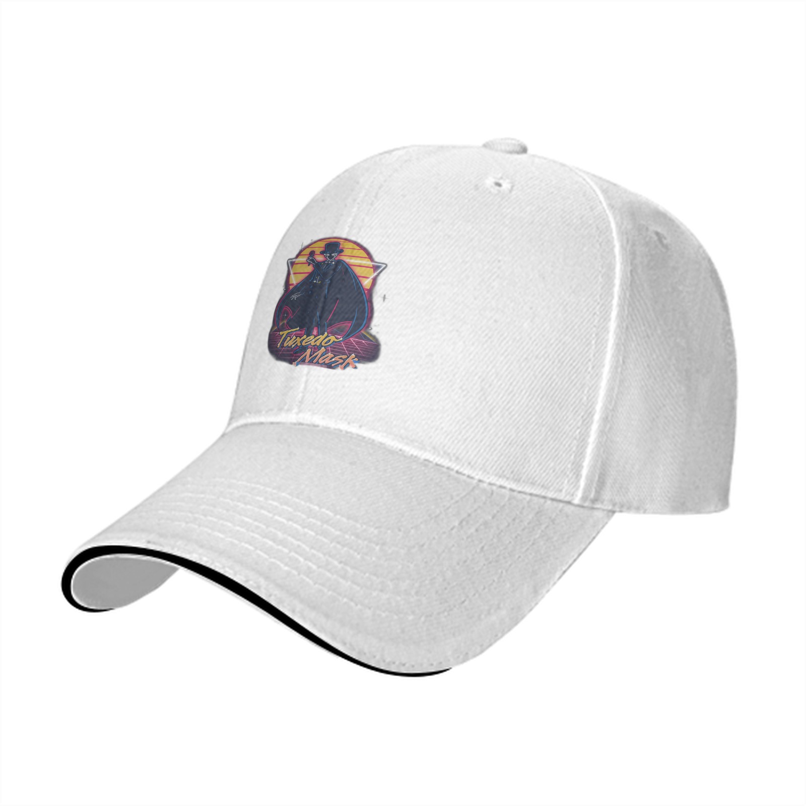 Black baseball cap with retro Tuxedo Mask graphic print