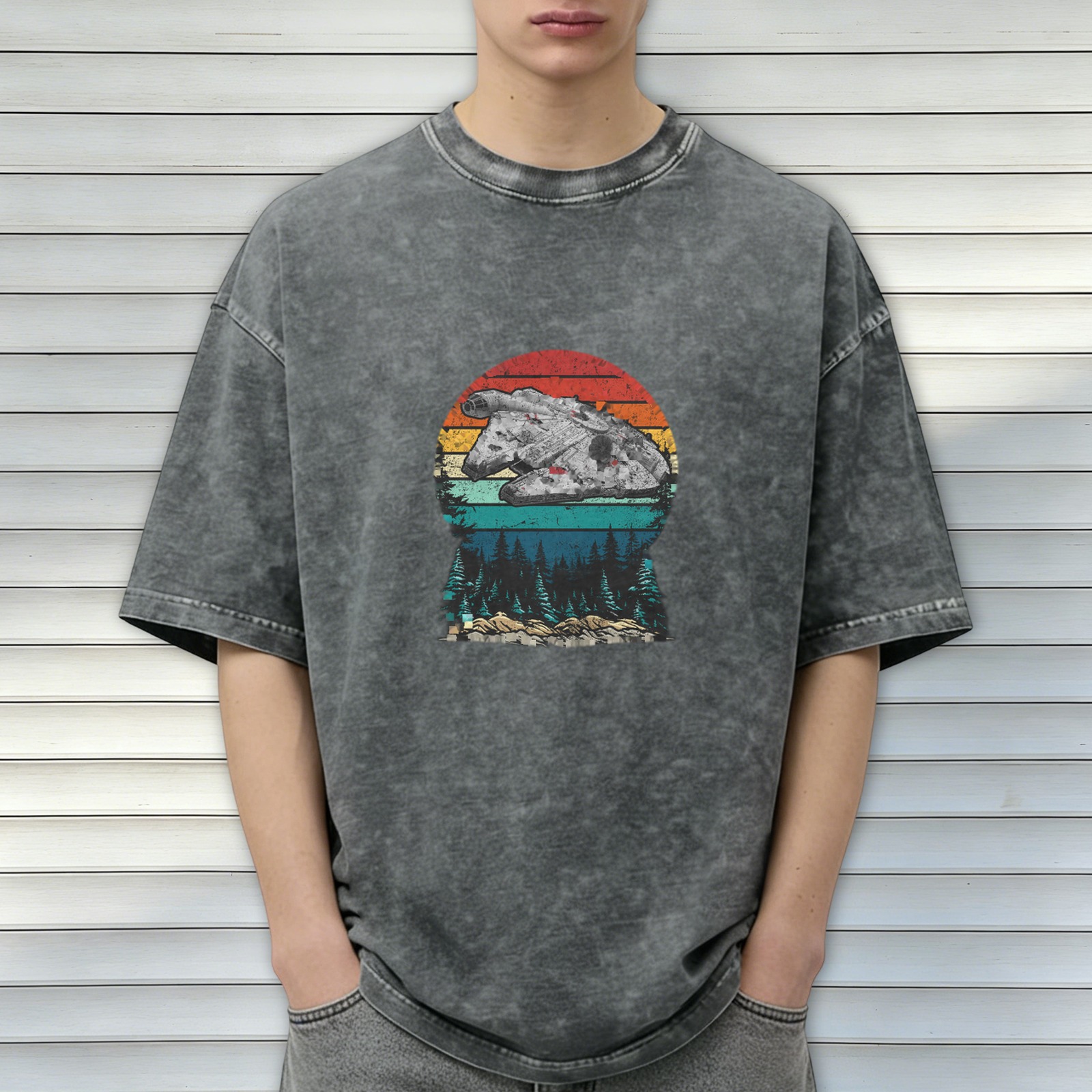 Vintage Washed Black T-Shirt with Retro Sunset Spaceship Forest Graphic