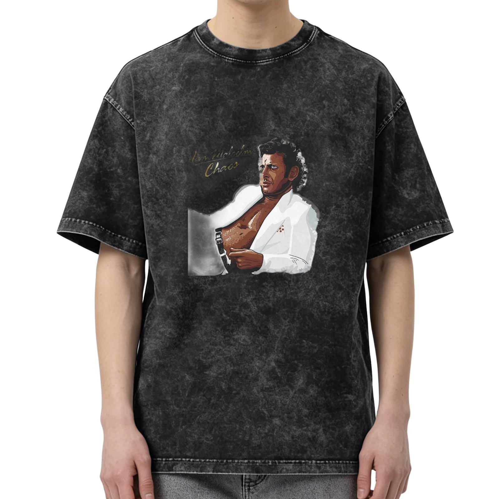 Washed black graphic t-shirt with Ian Malcolm chaos design