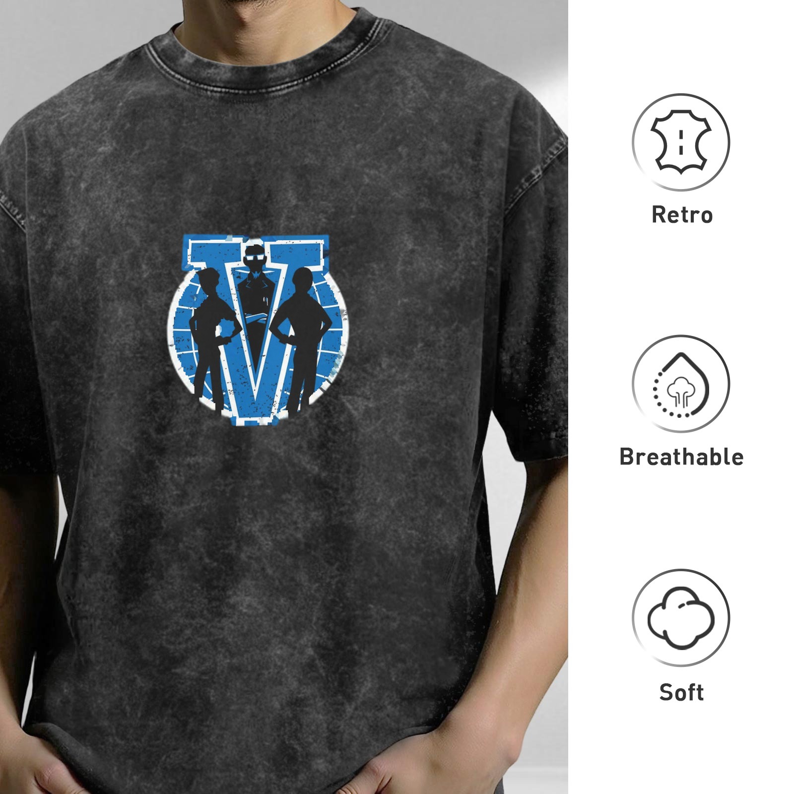 Distressed washed black loose short-sleeved T-shirt with blue V character silhouette pattern