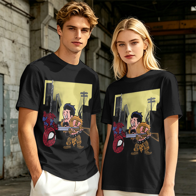 Olive T-shirt with Spider-Man and Hunter Cartoon Print